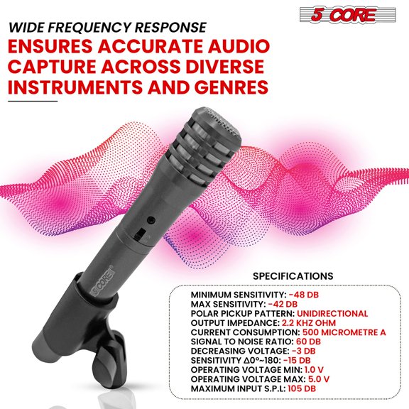 5 CORE Professional Instrument Microphone Pencil Mic Condenser Cardioid Unidirectional Stick Microfono with Windscreen Mic Clip & Case - INSTRU MIC 100 GREY