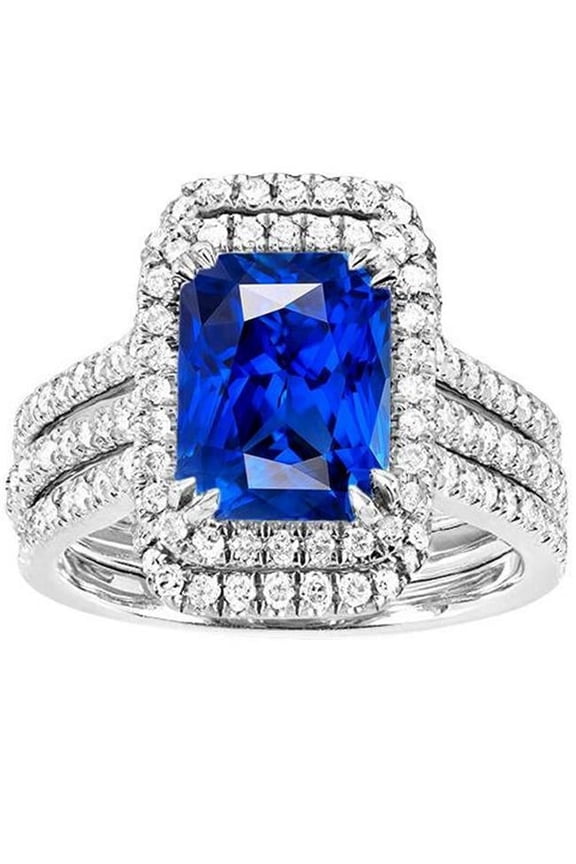 5 CT Halo Diamond Sapphire Engagement Set with Jacket Wedding Ring, Size 6.5