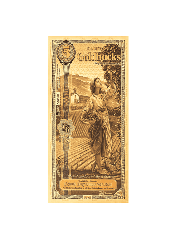5 California Goldback 1/200 oz 24K Gold Foil Aurum Note