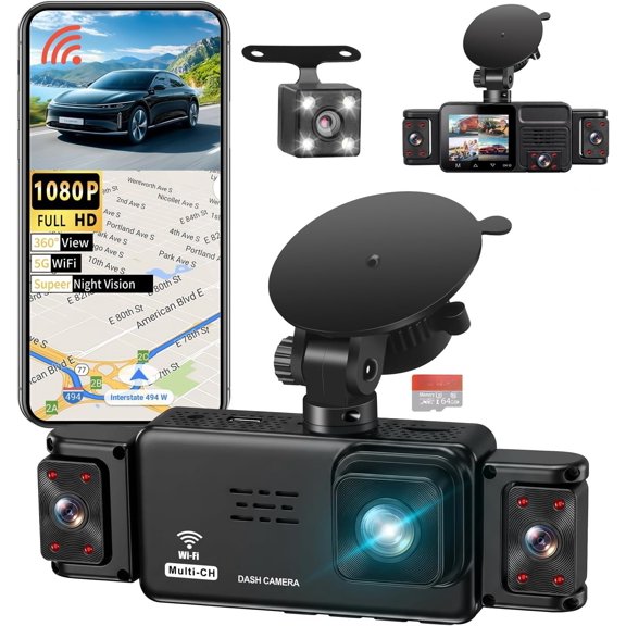 5 Cam 360? View 5G WiFi & APP Control, Front and Rear Inside, Left Right Camera for Free 64GB TF Card, G-Sensor, Night Vision, 24H Parking Mode