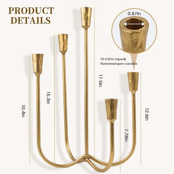 5 Candle Candelabra Antique Brass Finished, 17.5 Inch Tall Candlestick Holder Cast Iron Candle Holder Stand for Taper Candles, Elegant Centerpiece for Farmhouse, Wedding, Mantel & Dining Room