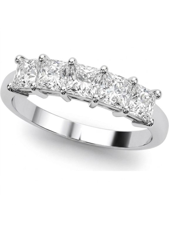 5 Cttw Igi Certified Lab Grown Princess Diamond Prong Setting Five Stone Ring for Women | 14K Solid White Gold | (E-F, VS1-VS2)