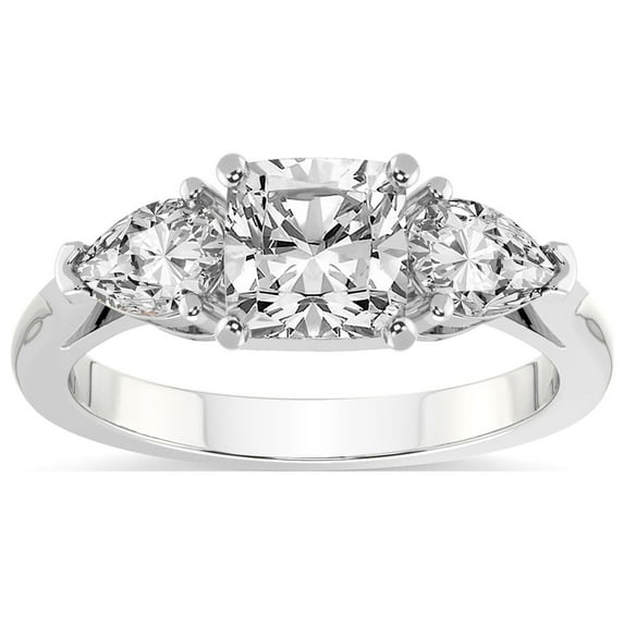 IGI Certified 5 Carat Cushion Shape Lab Grown Diamond Engagement Ring | 14K White Gold | Della Three stone Pear Shape Side Lab Diamond Ring | FG-VS1-VS2 Quality Friendly Diamonds