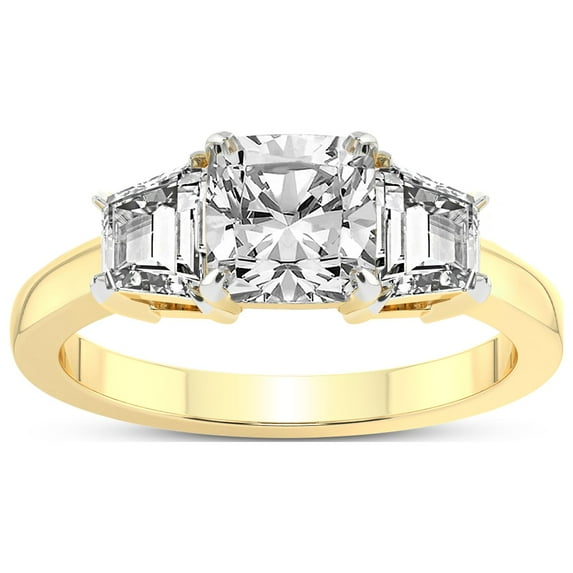 5 Carat IGI Certified Cushion Shape Lab Grown Diamond Engagement Ring | 14K Yellow Gold |Dianna Three Stone Side Trapezium Diamond Ring | FG-VS1-VS2 Quality Friendly Diamonds