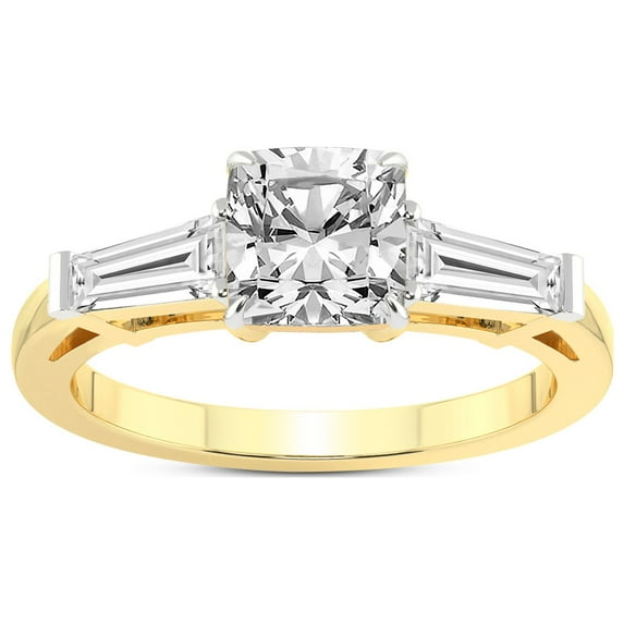 5 Carat IGI Certified Cushion Shape Lab Grown Diamond Engagement Ring | 14K Yellow Gold |adison Three Stone Side Baguette Diamond Ring | FG-VS1-VS2 Quality Friendly Diamonds