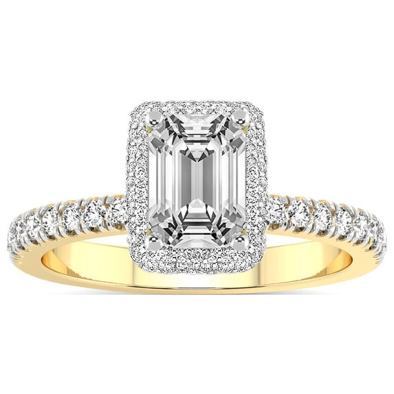 IGI Certified 5 Carat Emerald Shape Lab Grown Diamond Engagement Ring | 14K Yellow Gold | Amarya Secret Double Halo Lab Diamond Ring | FG-VS1-VS2 Quality Friendly Diamonds