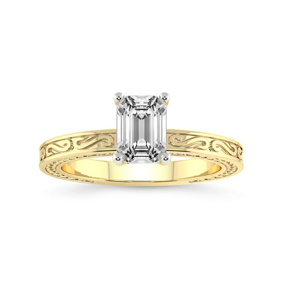 IGI Certified 5 Carat Emerald Shape Lab Grown Diamond Engagement Ring | 14K Yellow Gold | Ivory Vintage Solitaire Diamond Ring | FG-VS Quality Friendly Diamonds