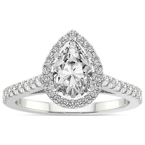 IGI Certified 5 Carat Pear Shape Lab Grown Diamond Engagement Ring | 14K White Gold | Rising Sun Halo Lab Diamond Ring | FG-VS1-VS2 Quality Friendly Diamonds