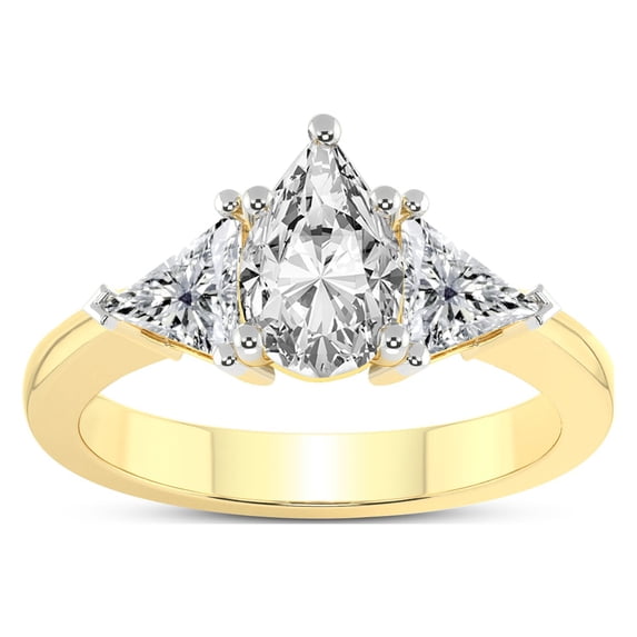 5 Carat IGI Certified Pear Shape Lab Grown Diamond Engagement Ring | 14K Yellow Gold |Caroline Three Stone Side Trillion Diamond Ring | FG-VS1-VS2 Quality Friendly Diamonds