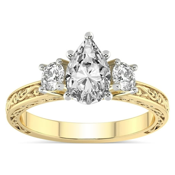 IGI Certified 5 Carat Pear Shape Lab Grown Diamond Engagement Ring | 14K White Gold | Valencia Three Stone Vintage Diamond Ring | FG-VS1-VS2 Quality Friendly Diamonds