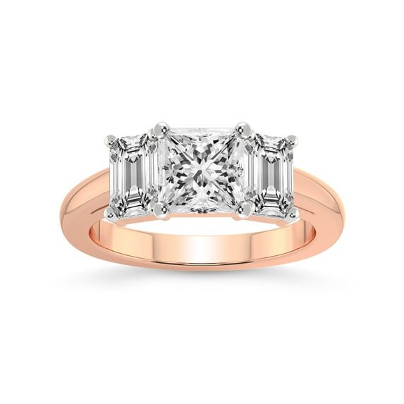 IGI Certified 5 Carat Princess Shape Lab Grown Diamond Engagement Ring | 14K Rose Gold | Lauren Three stone Emerald Shape Side Lab Diamond Ring | FG-VS1-VS2 Quality Friendly Diamonds