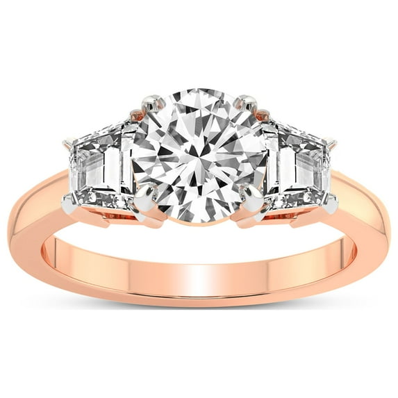 5 Carat IGI Certified Round Shape Lab Grown Diamond Engagement Ring | 14K Rose Gold |Dianna Three Stone Side Trapezium Diamond Ring | FG-VS1-VS2 Quality Friendly Diamonds