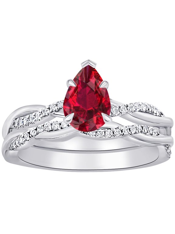 5 Carat Pear LAB GROWN Ruby and LAB GROWN Diamond Wedding Bridal Set (4.5ct Center, AAAA Heirloom Quality) RISV23W8AM Platinum