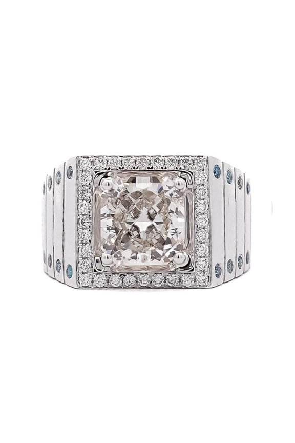 5 Carat Radiant Cut White and Blue Lab Grown Diamond Mens Ring in 14k White Gold