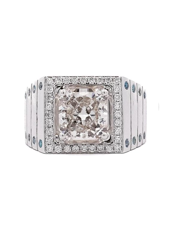 5 Carat Radiant Cut White and Blue Lab Grown Diamond Mens Ring in 14k White Gold