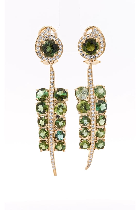 5 Carat Round Cut Green Tourmaline and Diamond Dangle Drop Earrings