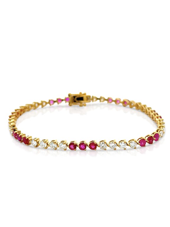 5 Carat Ruby and Lab Grown Diamond 3-Prong 14k Gold Tennis Bracelet