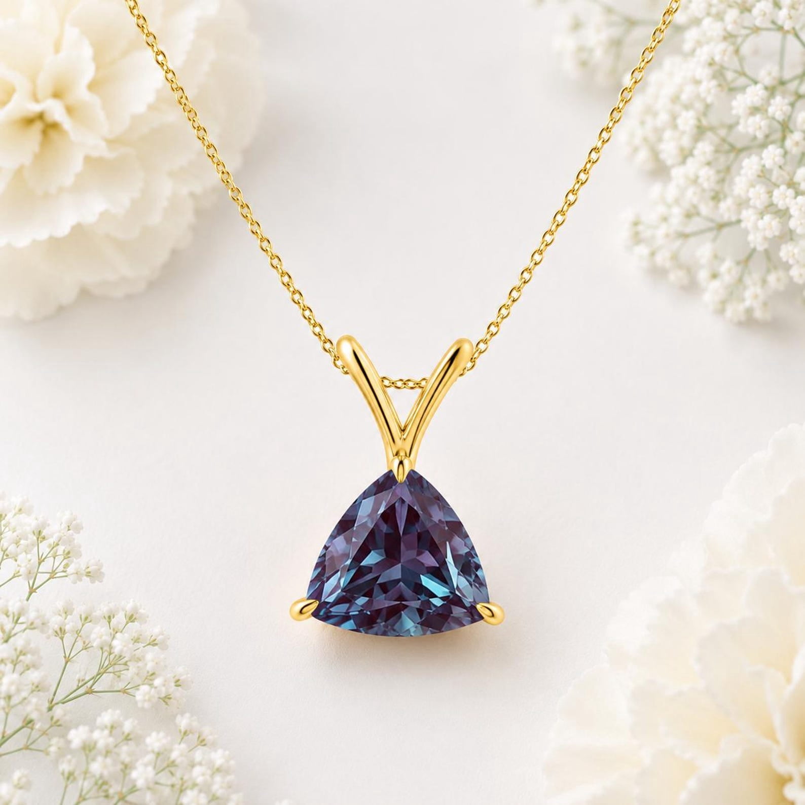 5 Carat Triangle Cut Yellow Gold Plated Alexandrite Necklace, Color ...