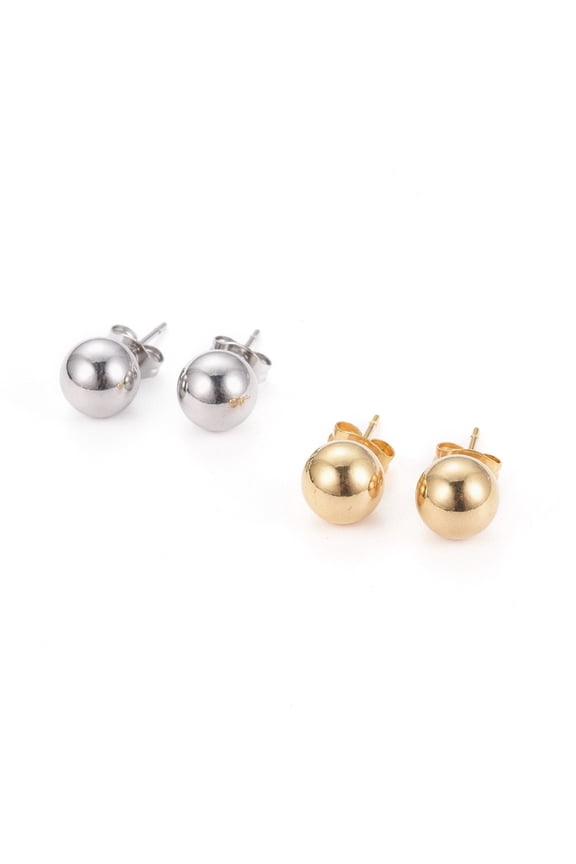5 Card 304 Stainless Steel Ball Stud Earrings Hypoallergenic Earrings with Ear Nuts Round Mixed Color 8mm Pin: 0.7mm 6pairs/card