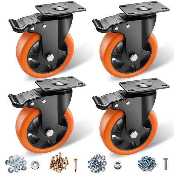 5" Caster Wheels Heavy Duty, ASHGOOB Casters Set of 4 - Non-Marking Orange Polyurethane Castors, Top Plate Swivel Wheels, Industrial Casters with Brake, Locking Casters for Furniture and Workbench