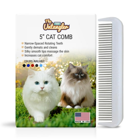 5" Cat Comb with 43 Narrow-Spaced Rotating Teeth Detangles and Grooms with less pulling (White Sheen)