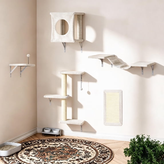 5 Cat Wall Shelves Set Wall-mounted Climber With House Bridge Hammock Space-saving Play Furniture White
