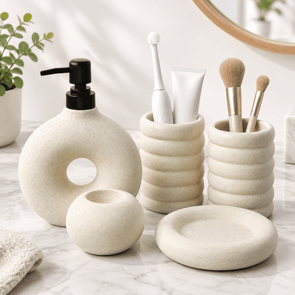 5 Ceramic Bathroom Accessories Set White Soap Dispenser