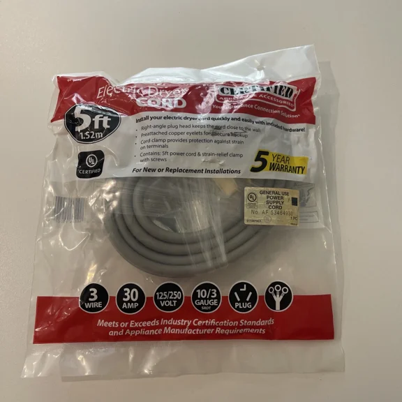 5' Certified Appliance 3-Wire Closed-Eyelet 30-Amp Dryer Cord 90-1022