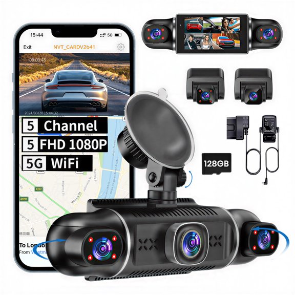 5 Channel 1080P*5 Dash Cam Front Rear Left Right Cabin with OBD2 Power Cable, 360 Coverage Dash Camera for Cars with 128GB SD Card, 5G WiFi & App Control, G-Sensor, 24H Parking Mode, Loop Recording