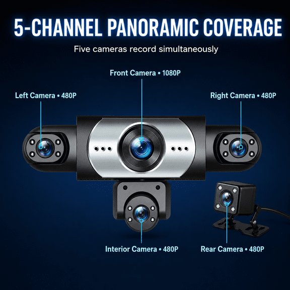 Curear 5-Channel Panoramic 1080P Dash Cam with HDR Night Vision G-Sensor Loop Recording