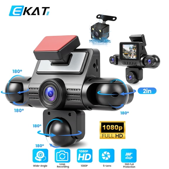 5 Channel 360 Degree Dash Cam with Front, Rear, Inside, Left & Right | Night Vision, Loop Recording, 24H Parking Monitor, Reverse View, 2" Display