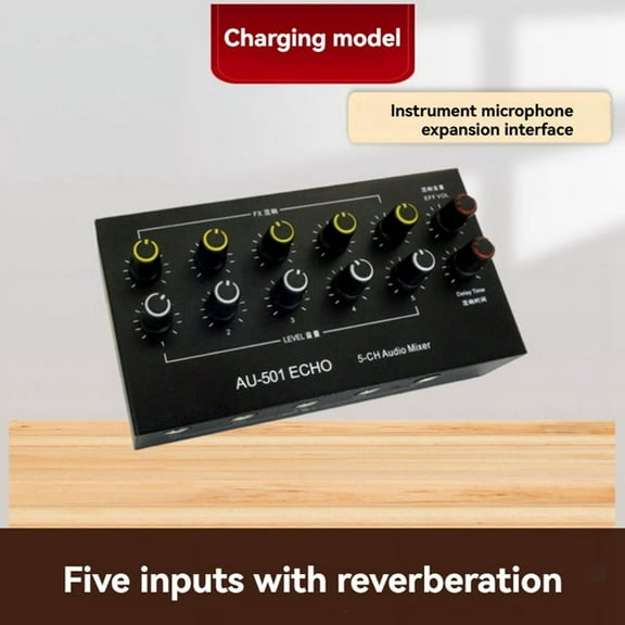 5-Channel Audio Mixer Portable Mini Microphone Extender Mixing Console with Reverb Type-C Rechargeable B