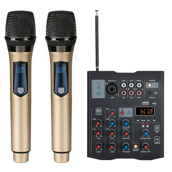 5-Channel Audio Mixer with UHF Wireless Microphone Studio Sound Mixer Bluetooth REC DJ Console Mixing for Karaoke