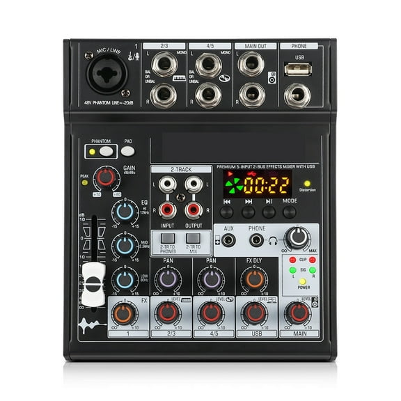 5 Channel Mixer Portable Professional Sound Mixing Console with 48V Phantom Power For Dynamic Microphone