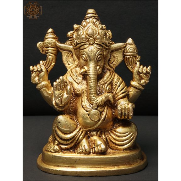 5" Chaturbhuja Lord Ganapati Brass Statue - Four-Armed Ganesha | Handmade Made in India
