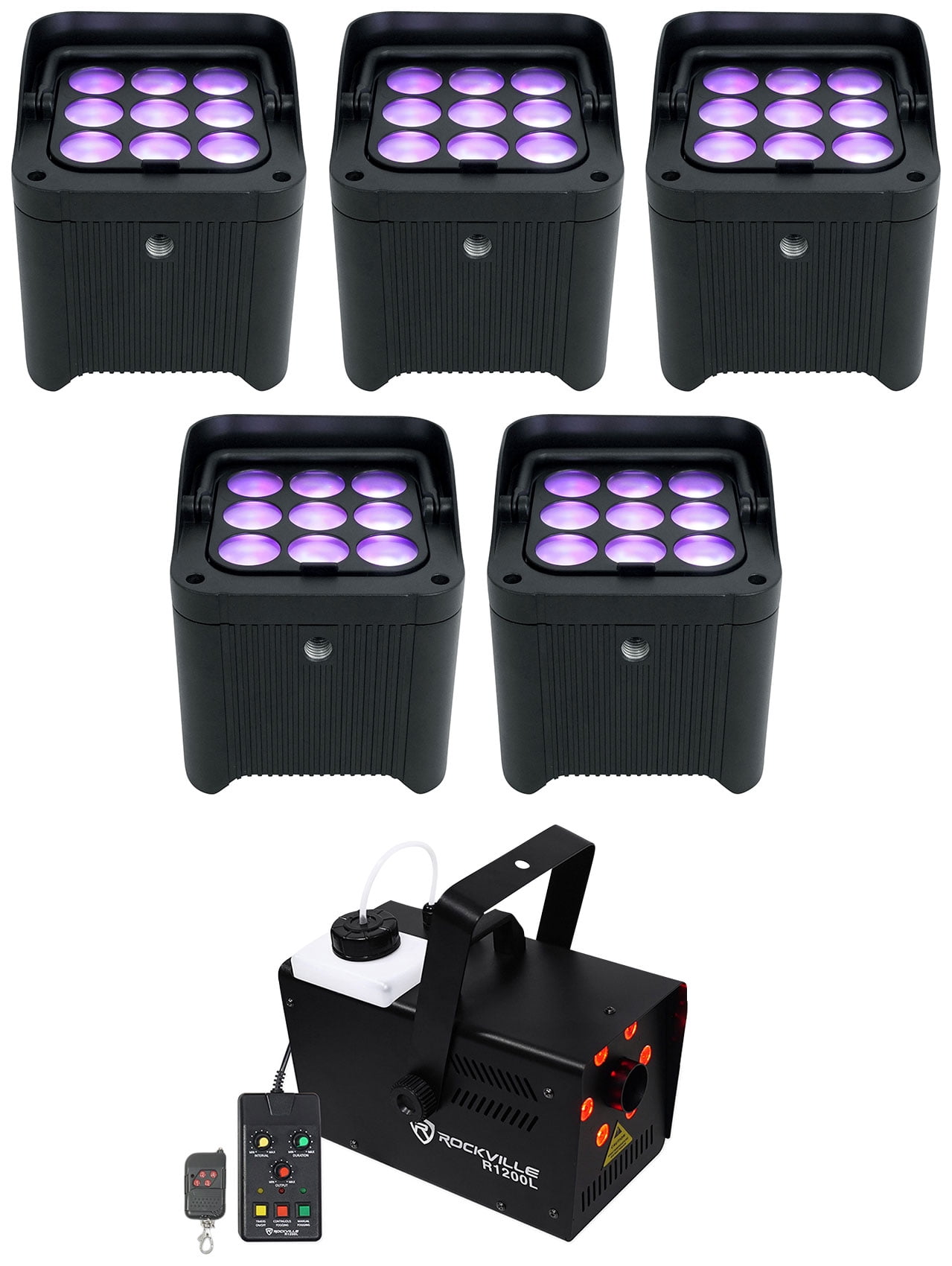 5) Chauvet DJ Freedom Par H9 IP RGBAW+UV Wireless DMX Par Can Lights+Fog Machine