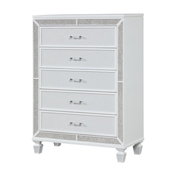 5 Chest For Bedroom - White Finish, Crystal Accents & Strong Frame With 5 Drawers Mirror Highlights