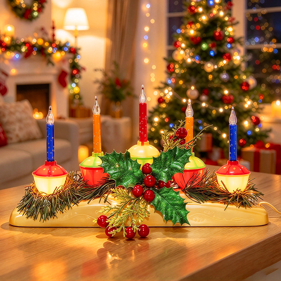 5 Christmas pine branch bubble light center decoration, retro bubble candle light with 6 multi-color bubble light bulbs (1 spare), plug-in electric Christmas candle light for family holiday Christmas