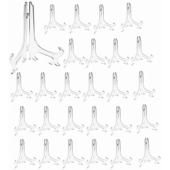 5" Clear Plastic Easels or Stand/Plate Holders to Display Pictures or Other Items at Weddings, Home Decoration, Birthdays, Tables (24 Pack)