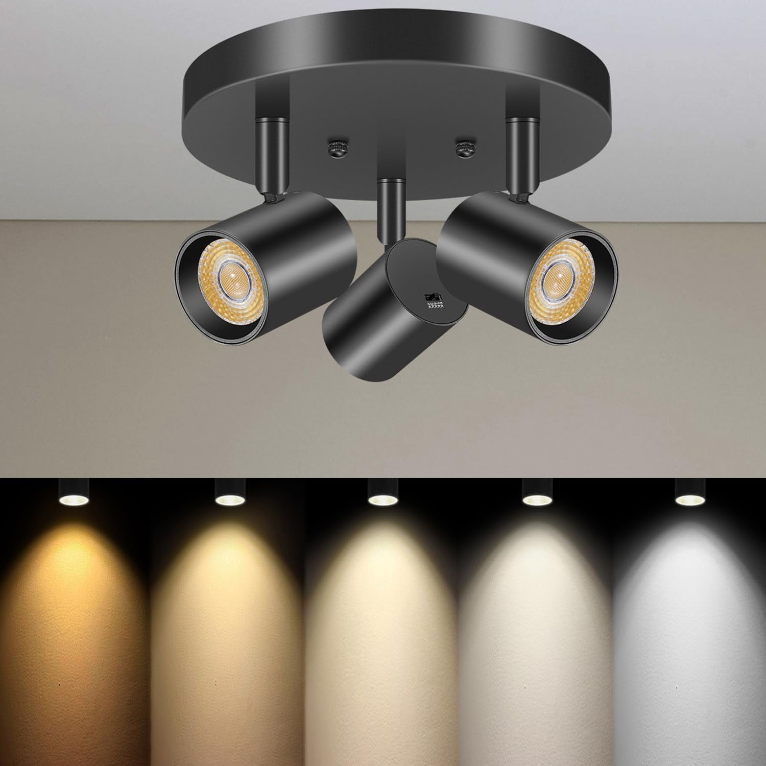 12W Round LED Ceiling Spotlight – 5 Color Temps & Dimmable, CRI95+, Flush Mount, Beam Angle 24°, Black – Perfect For Accent Lighting (1 Pack)