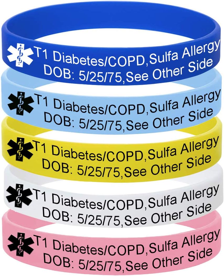 5 Color PackPersonalized Engraved Medical Alert ID Jewelry Food Drug
