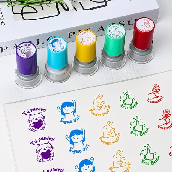 5 Colorful Spanish Learning Stickers - Fun Cartoon Praise & Encouragement Seals for Kids, Teachers, and Parents - Non-Toxic Reward Stickers for Classroom Motivation