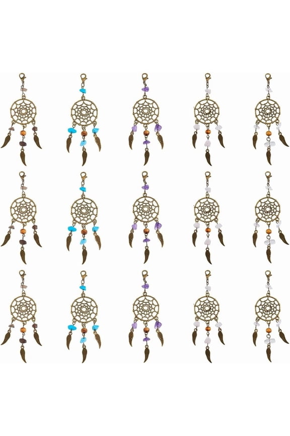 5 Colors 30PCS Dream Catcher Charms Woven Web Pendants with Lobster Claw Clasps Woven Net Charms with Feather Alloy Pendants with with Gemstone Beads