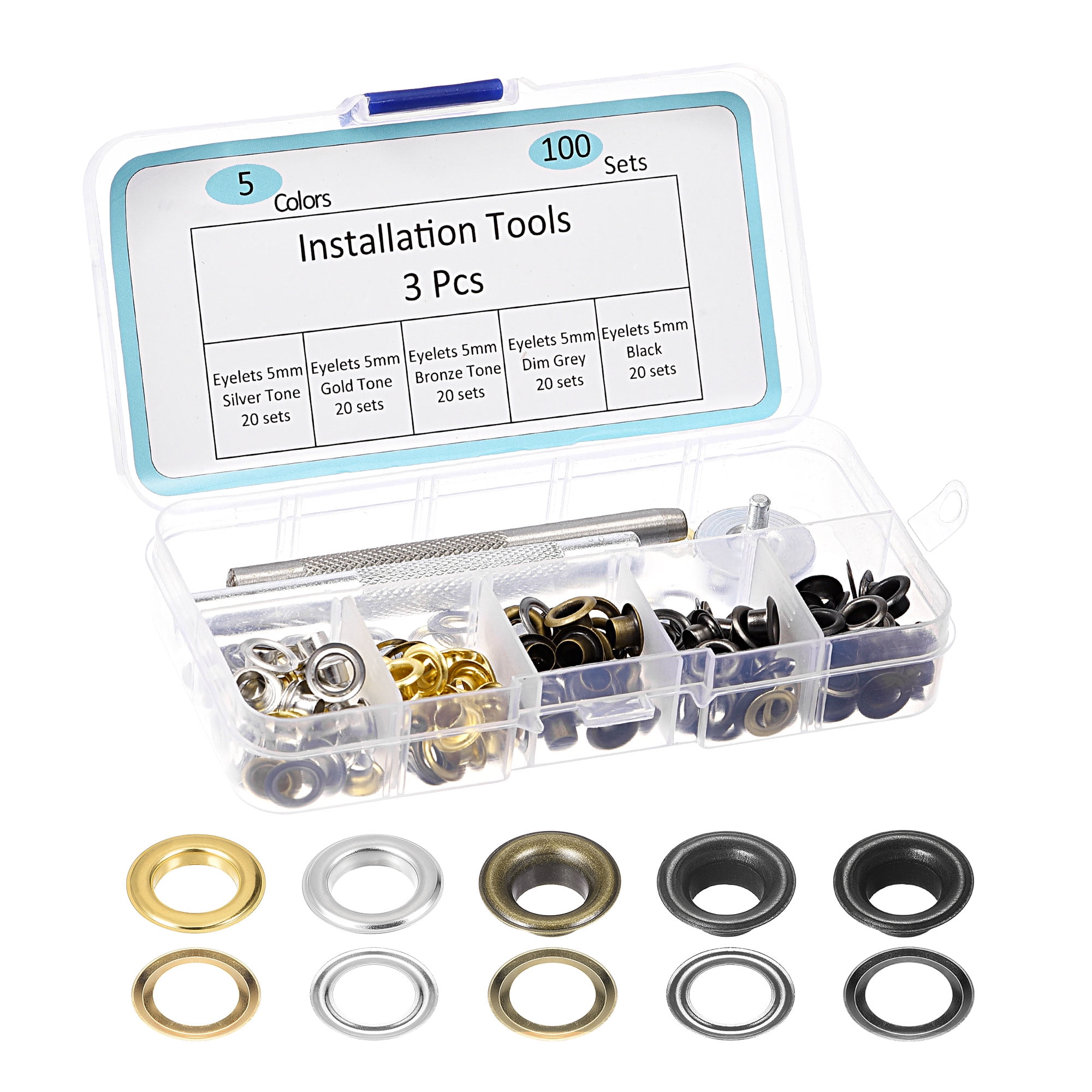 5 Colors 5mm Inside Dia. 100 Sets 3/16" Copper Grommet Kit with 3