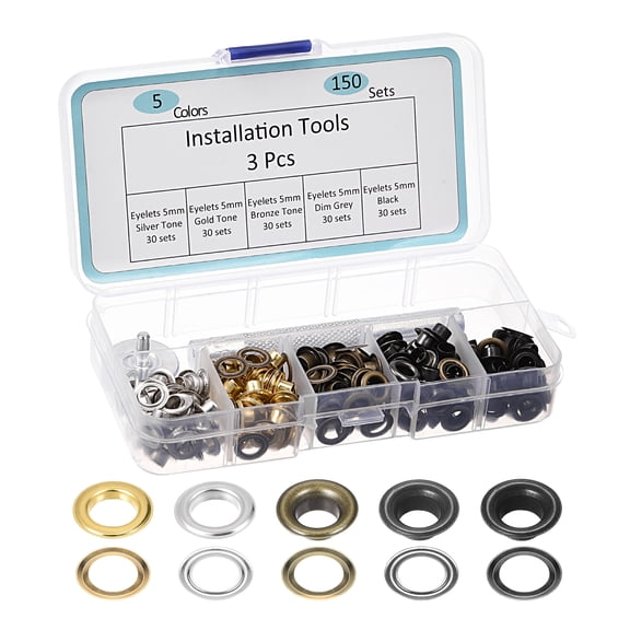 5 Colors 5mm Inside Dia. 150 Sets 3/16" Copper Grommet Kit with 3 Pcs Install Tool