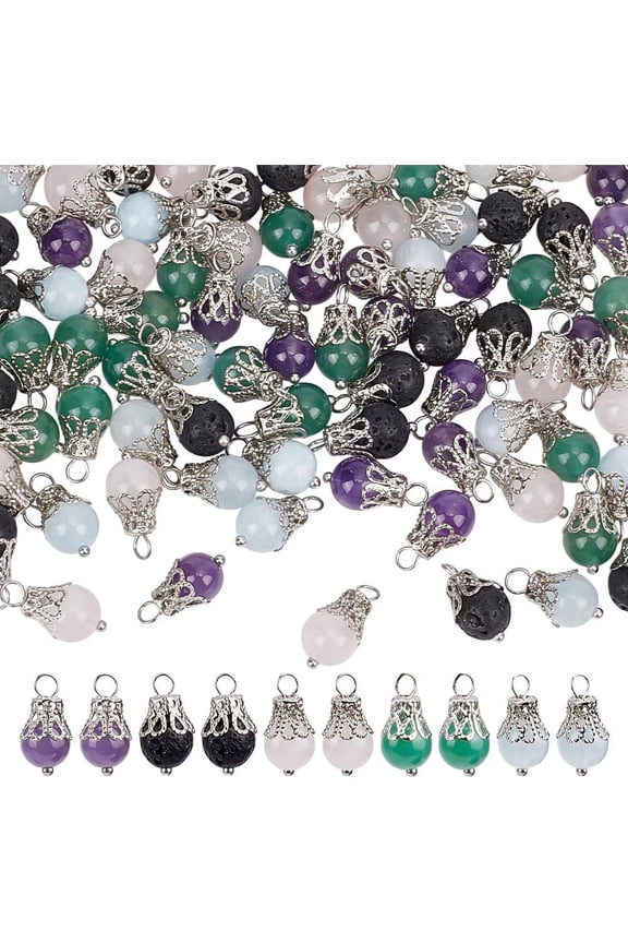 5 Colors 80Pcs Natural Gemstone Charms 17mm Round Beads Pendants with Silver Flower Caps Mixed Stone Dangle Charms for DIY Bracelets Earring Necklace Jewelry MakingHole:3mm Colorful
