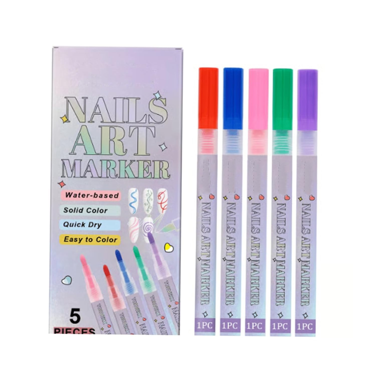 5 Colors Nail Art Pens Set,Diy Nail 𝐀rt Graffiti Pen, 𝐍ail 𝐀rt Markers for Gel 𝐍ails, for Arts Drawing Painting (1 set)