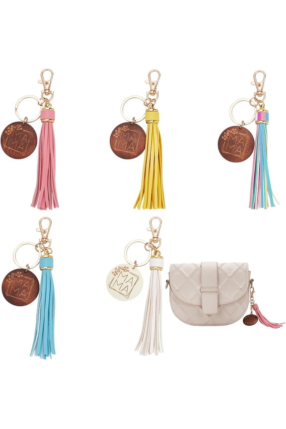 5 Colors PU Leather Tassel Keychain Wooden Round Pendant Key Rings PU Leather Car Key Holder with Swivel clasp for Handbag Backpack Hanging Tassels Decoration colorful