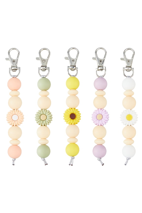 5 Colors Silicone Beaded Keychain Flower Keychain Beads Key Chain Daisy Silicone Pendant Decorations With Lobster Claw Clasps Cute Beaded Key Ring