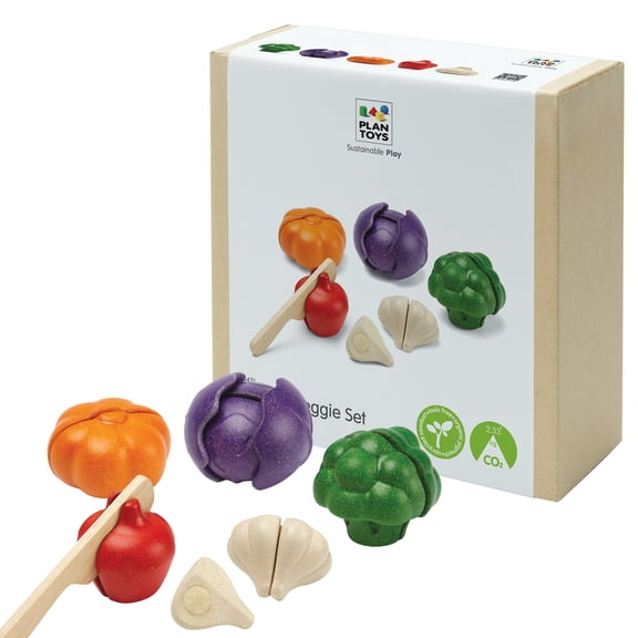 PlanToys Wooden 5 Colors Veggie Set with Knife|Pretend Play Food Broccoli, Bell Pepper, Pumpkin, Garlic and Red Cabbage | Montessori Toy for Imaginative Play | Eco Friendly Kitchen Set